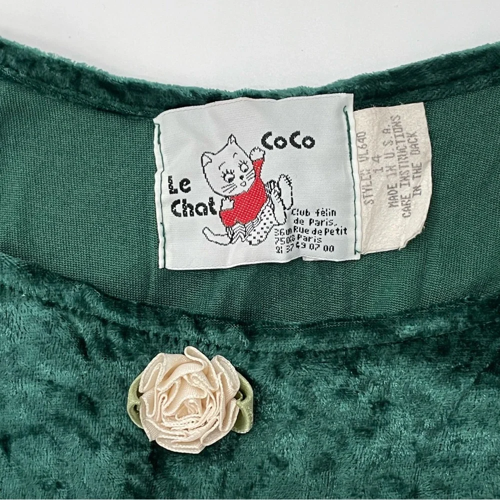 Vintage Crushed Velvet Babydoll Dress Green Christmas Girls Sz 14 Rosette Tiered